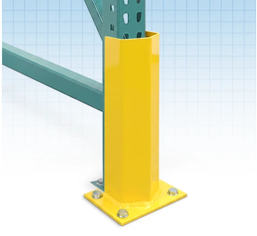 Front-Mounted Bolt-Down Pallet Rack Post Guard, yellow, installed on a green rack upright